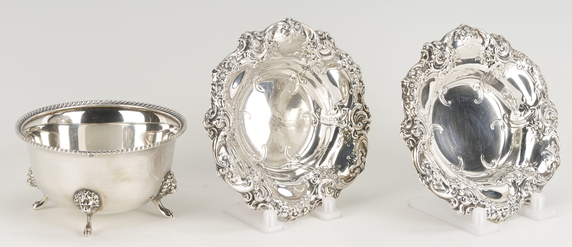 Lot 1200: Old Sheffield Decanter Stand plus 3 small sterling bowls