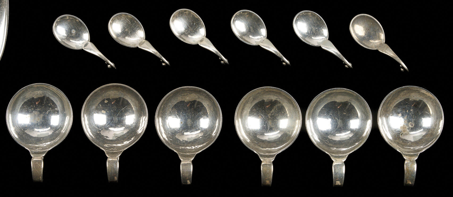 Lot 1207: 14 pcs Georg Jensen sterling including 6 salts and spoons