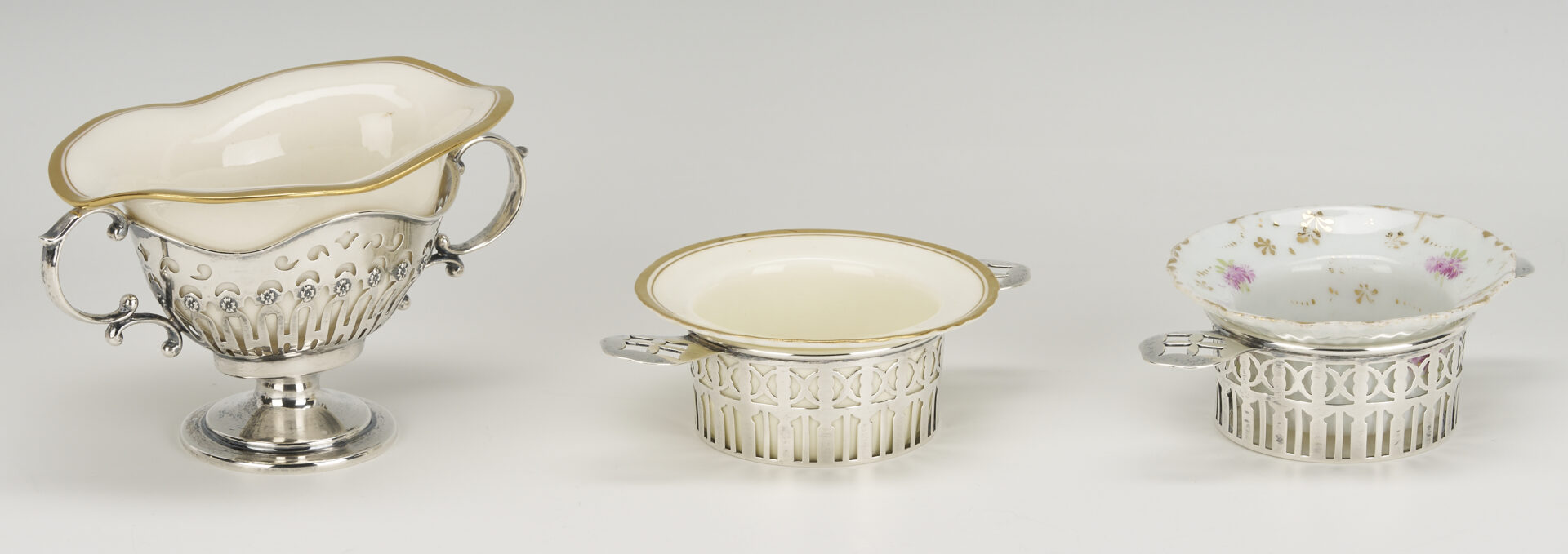 Lot 1211: 6 Sterling Silver Ramekin Frames plus 1 sterling soup cup