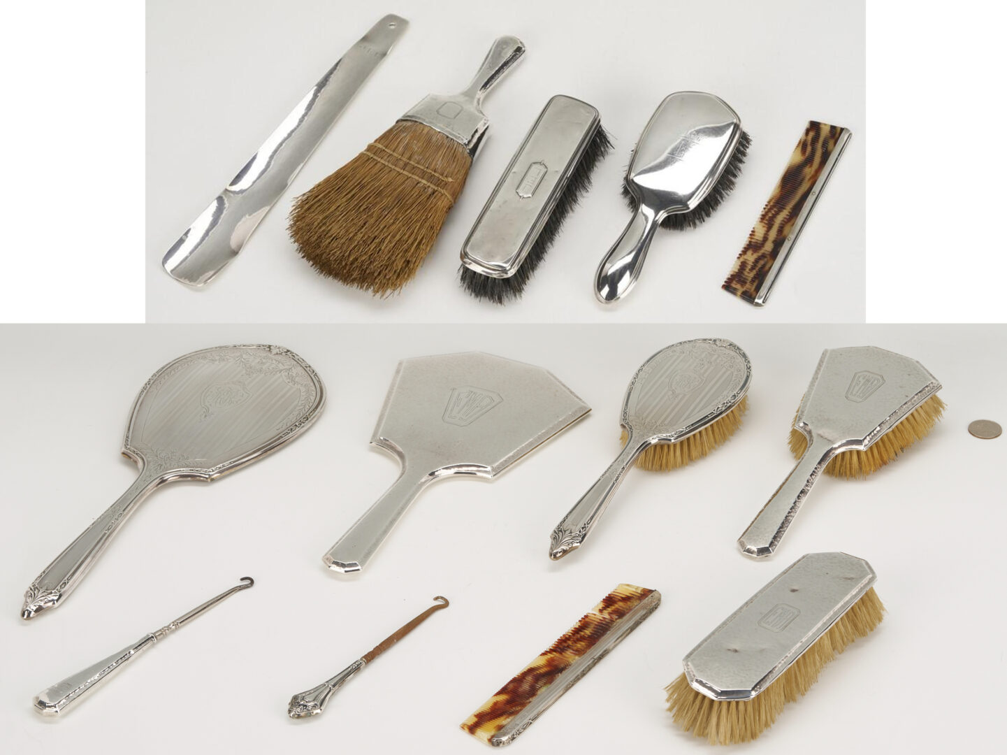Lot 1212: 5 Pc. Gentleman’s Sterling Silver Vanity Set plus 8 Sterling Silver Vanity Pieces, incl. Dominick & Half