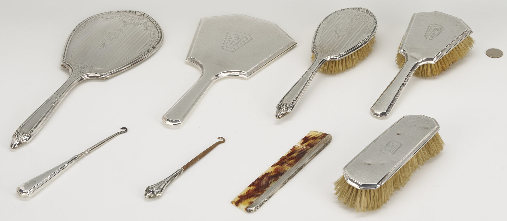 Lot 1212: 5 Pc. Gentleman’s Sterling Silver Vanity Set plus 8 Sterling Silver Vanity Pieces, incl. Dominick & Half
