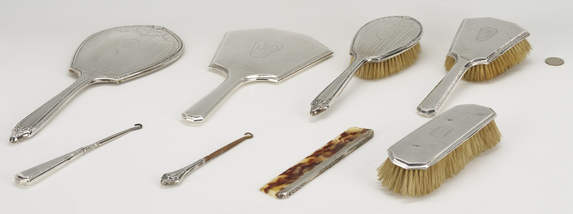 Lot 1212: 5 Pc. Gentleman’s Sterling Silver Vanity Set plus 8 Sterling Silver Vanity Pieces, incl. Dominick & Half