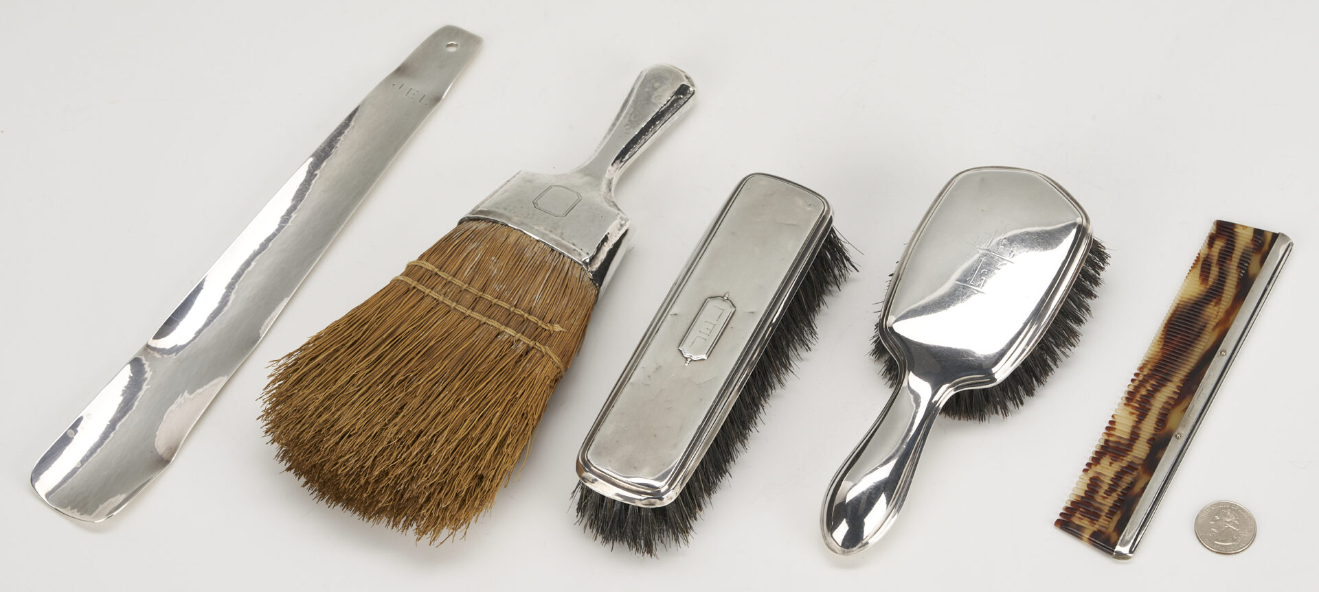 Lot 1212: 5 Pc. Gentleman’s Sterling Silver Vanity Set plus 8 Sterling Silver Vanity Pieces, incl. Dominick & Half