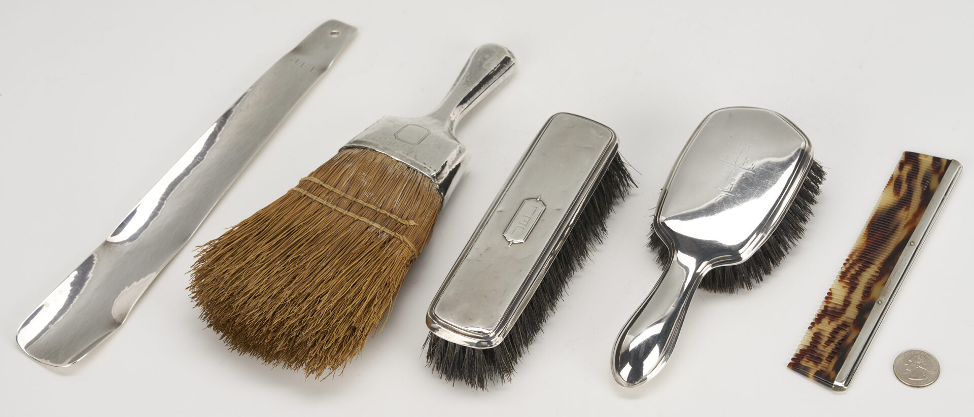 Lot 1212: 5 Pc. Gentleman’s Sterling Silver Vanity Set plus 8 Sterling Silver Vanity Pieces, incl. Dominick & Half