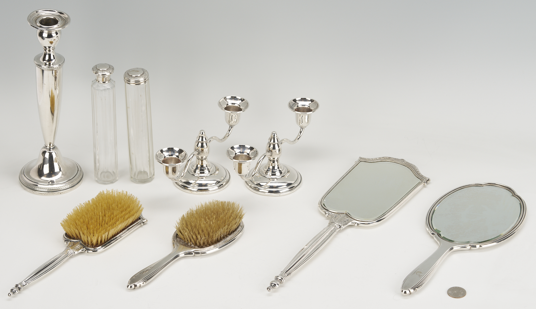 Lot 1215: 9 pcs Sterling Silver: Vanity Items, Candlesticks