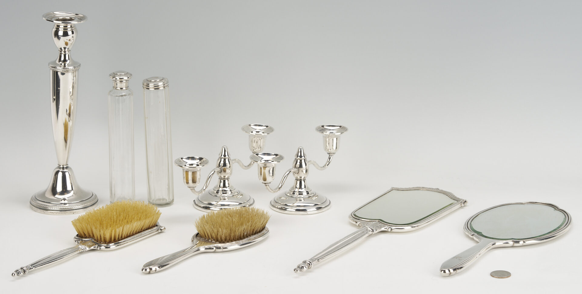 Lot 1215: 9 pcs Sterling Silver: Vanity Items, Candlesticks