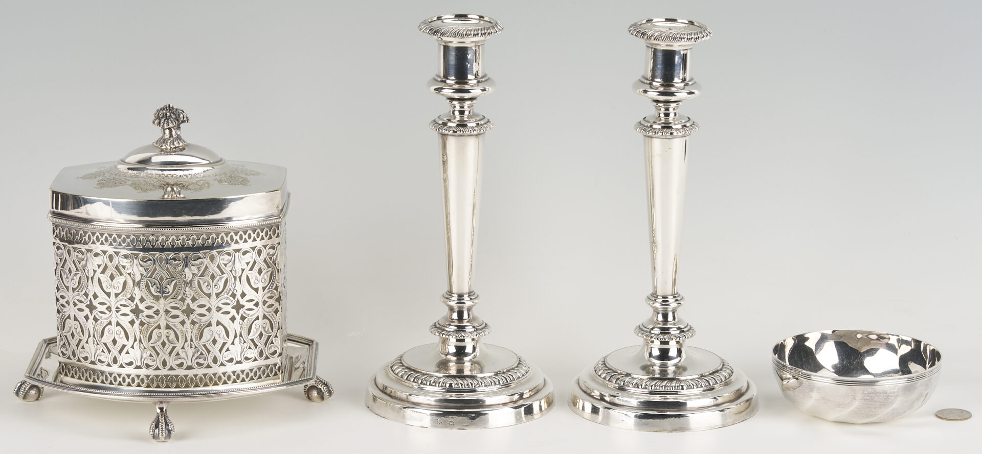 Lot 1218: Pr. Matthew Boulton OSP Candlesticks, Biscuit Box, Christofle Bowl