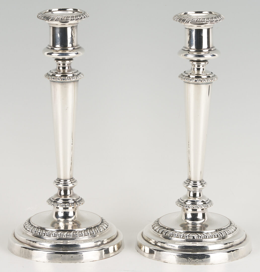 Lot 1218: Pr. Matthew Boulton OSP Candlesticks, Biscuit Box, Christofle Bowl