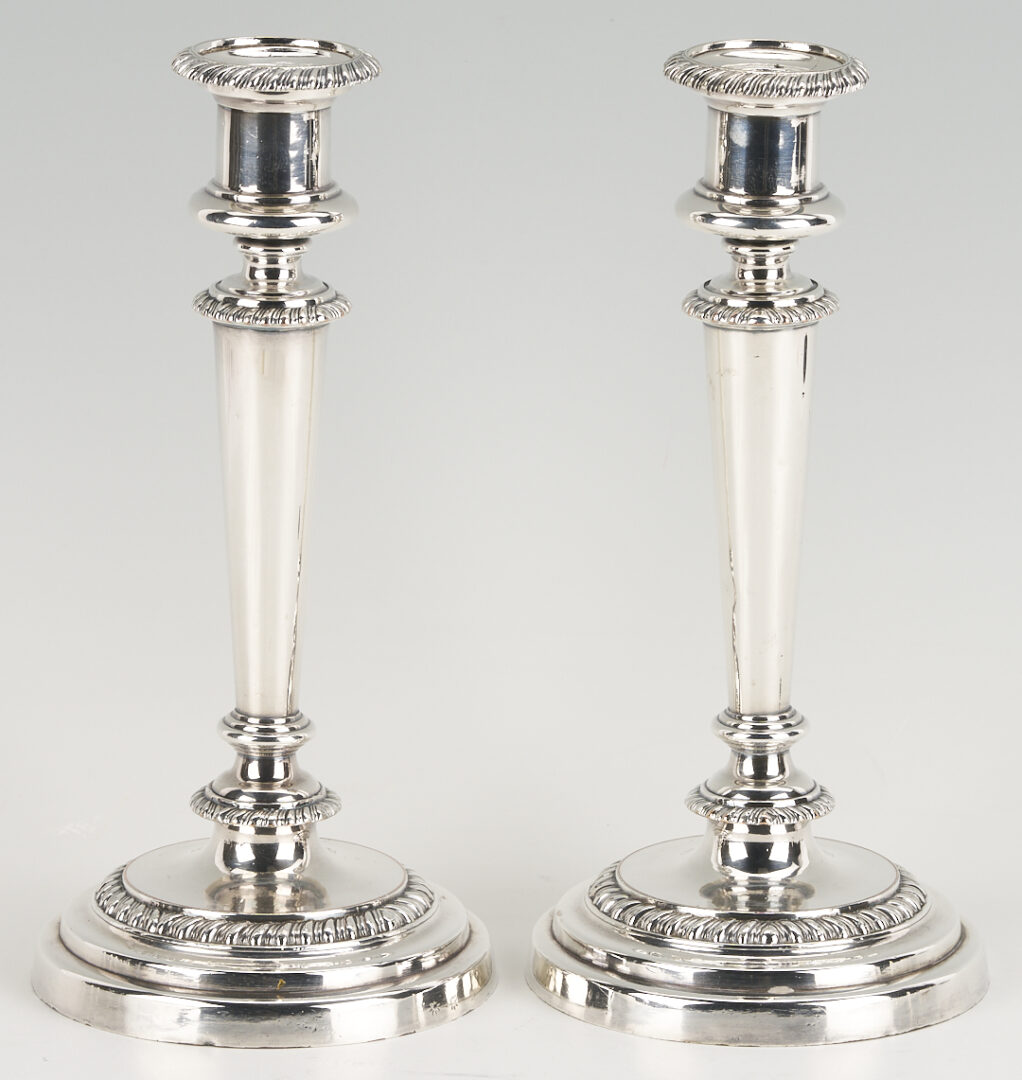 Lot 1218: Pr. Matthew Boulton OSP Candlesticks, Biscuit Box, Christofle Bowl