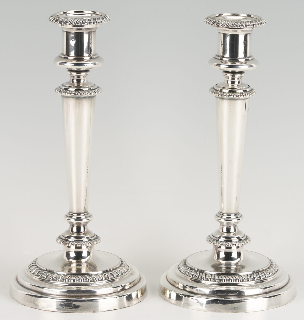 Lot 1218: Pr. Matthew Boulton OSP Candlesticks, Biscuit Box, Christofle Bowl
