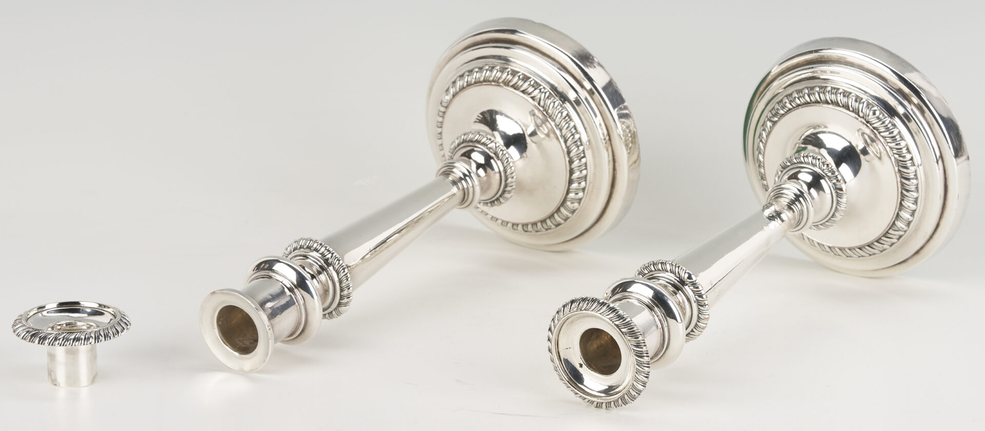 Lot 1218: Pr. Matthew Boulton OSP Candlesticks, Biscuit Box, Christofle Bowl