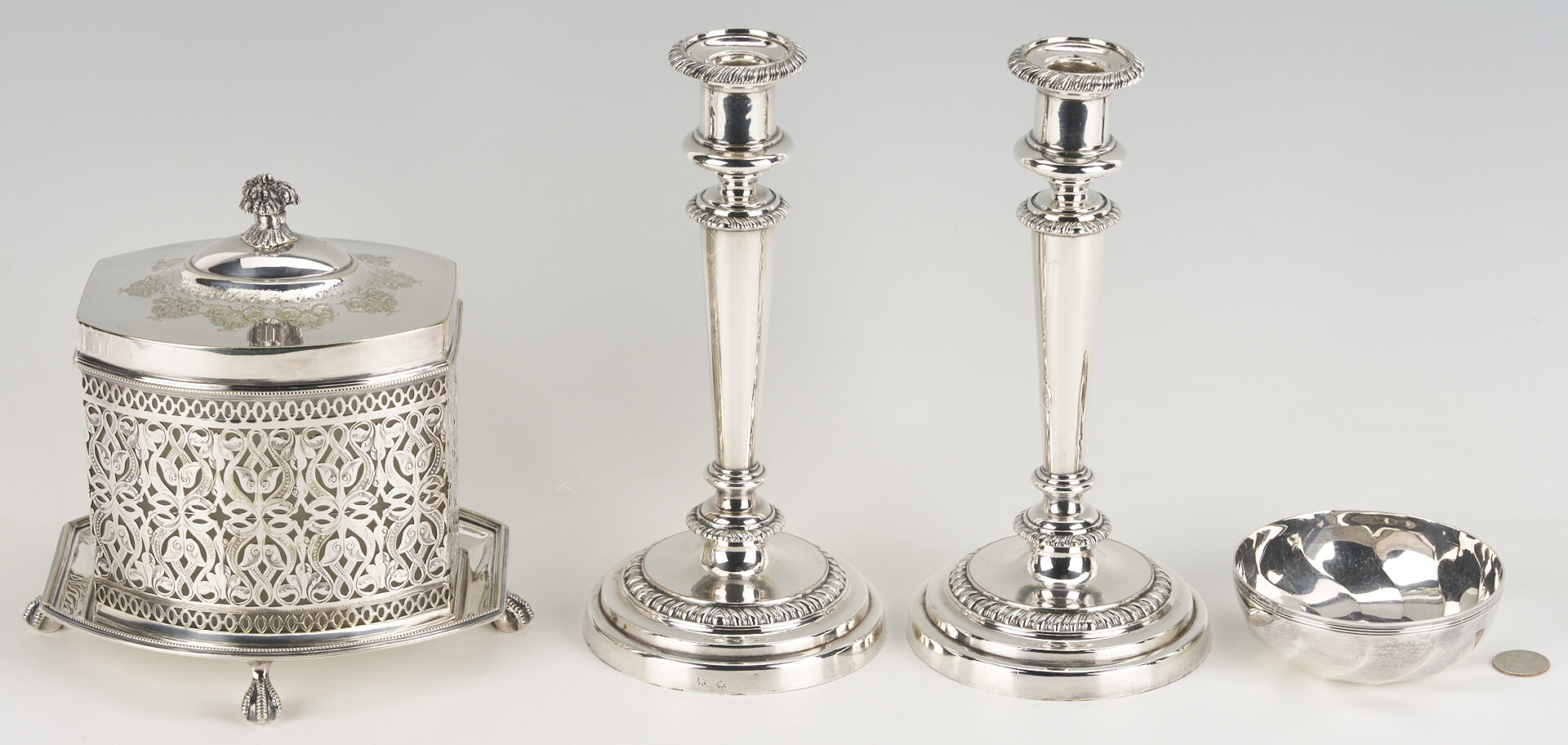 Lot 1218: Pr. Matthew Boulton OSP Candlesticks, Biscuit Box, Christofle Bowl
