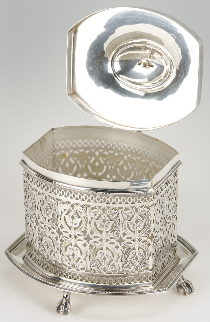 Lot 1218: Pr. Matthew Boulton OSP Candlesticks, Biscuit Box, Christofle Bowl