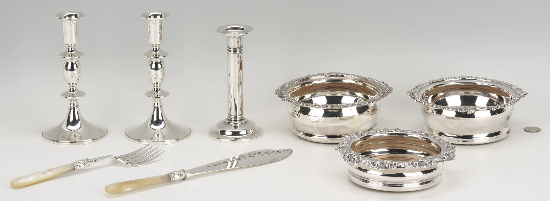 Lot 1220: 3 Wine Coasters and 3 Candlesticks plus Fish Set