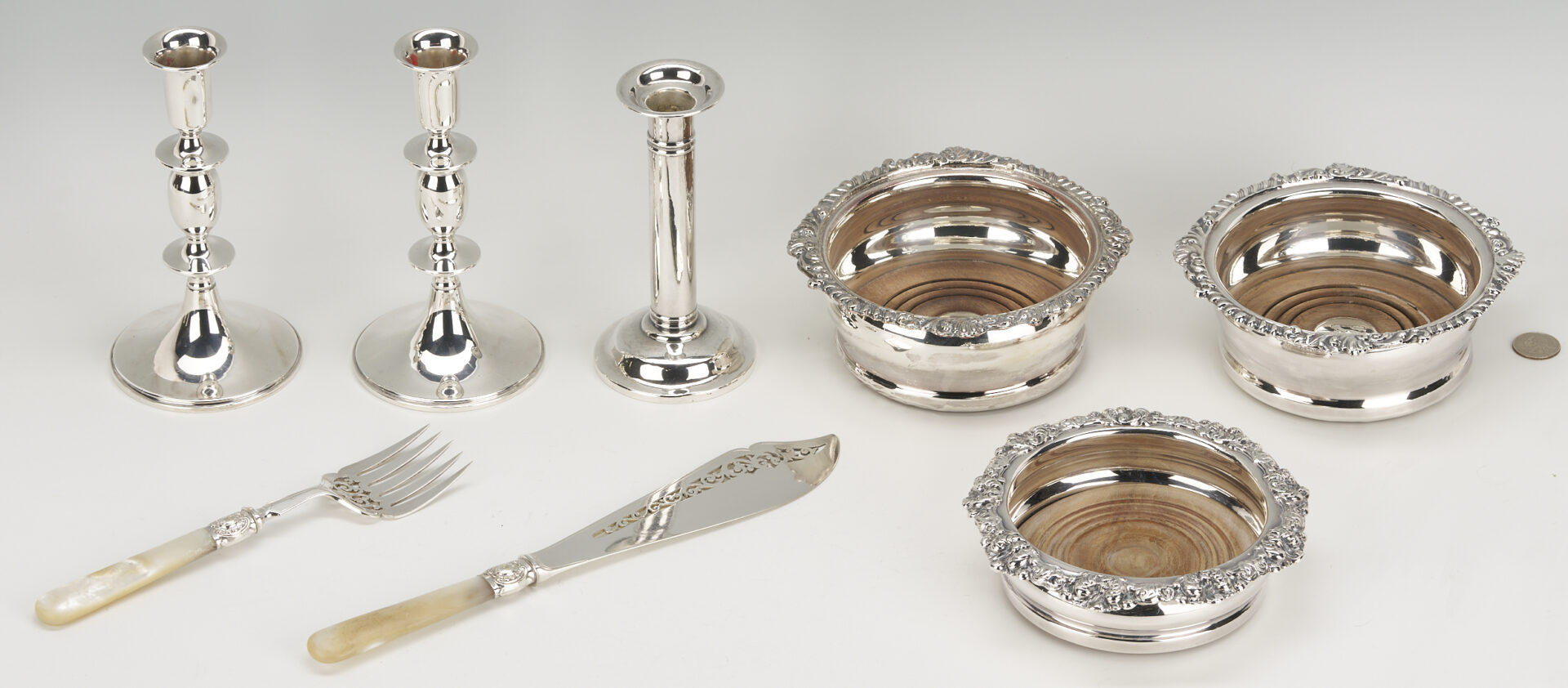 Lot 1220: 3 Wine Coasters and 3 Candlesticks plus Fish Set