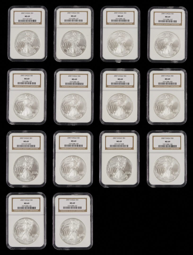 Lot 1223: 14 2007 US Silver Eagle $1 Coins, MS 69
