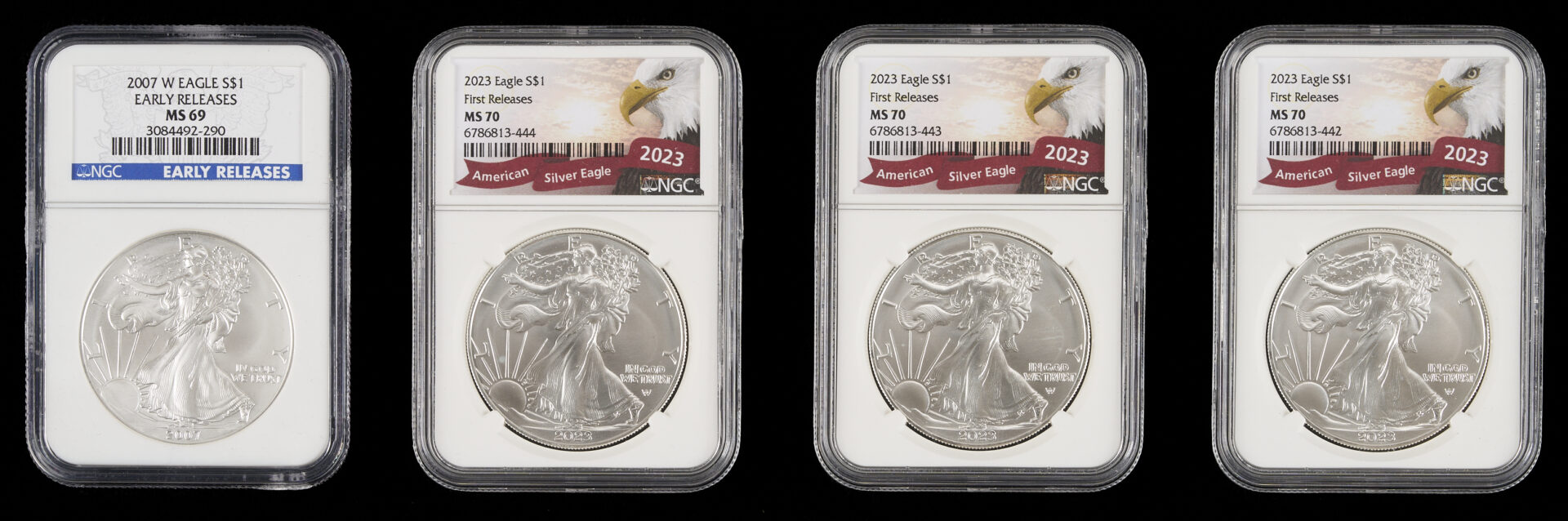 Lot 1225: Eight 1st or Early Release US Silver Eagle $1 Coins