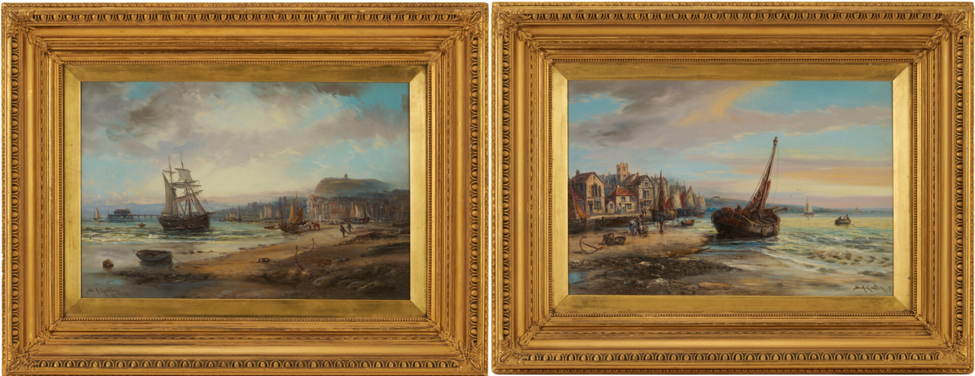 Lot 122: Pair S. A. Galton English Harbor Scene Paintings, Antique Frames