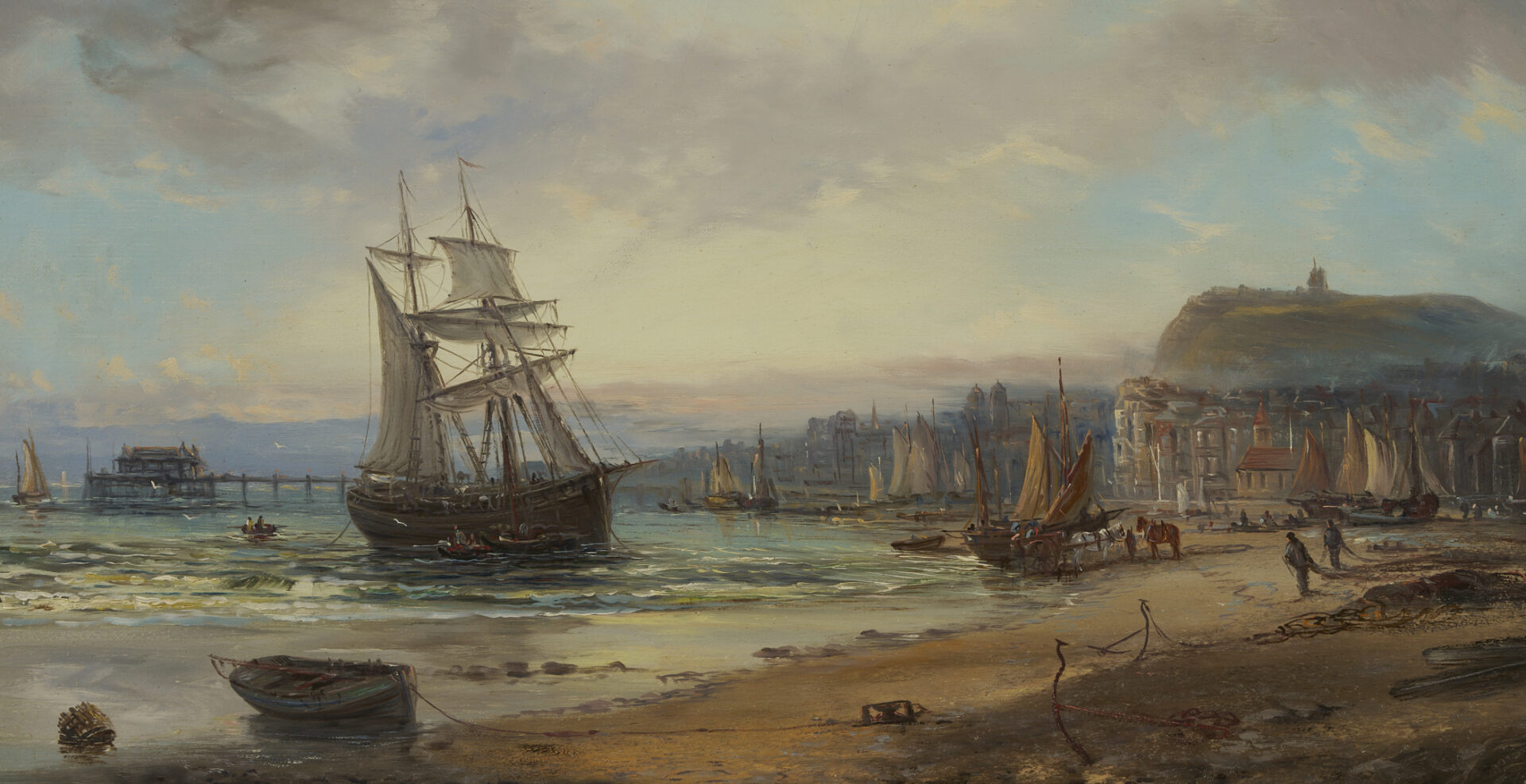 Lot 122: Pair S. A. Galton English Harbor Scene Paintings, Antique Frames