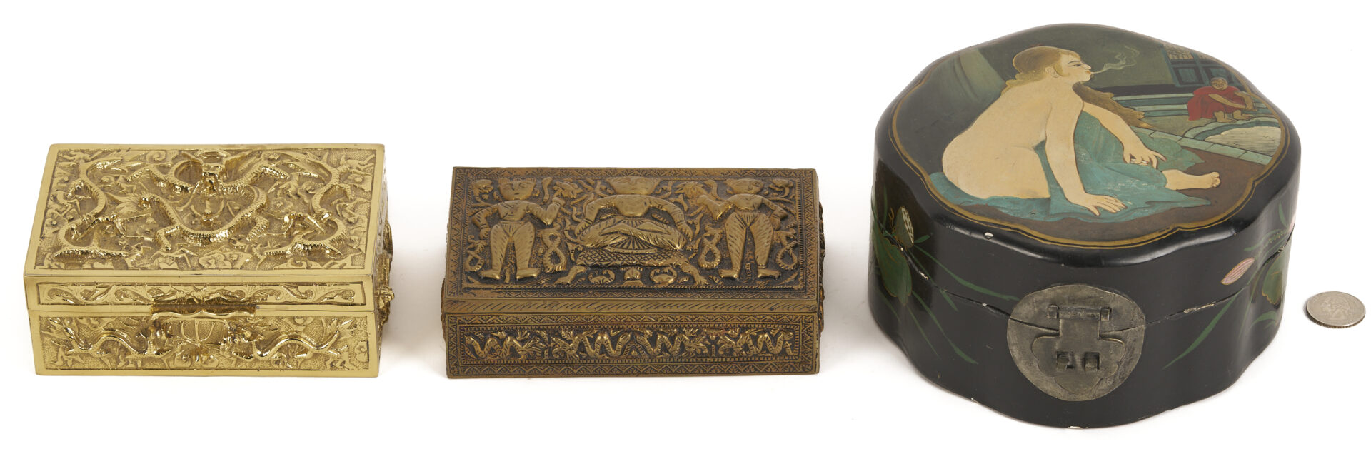 Lot 1249: 3 Asian Decorative Boxes: Lacquer & Bronze