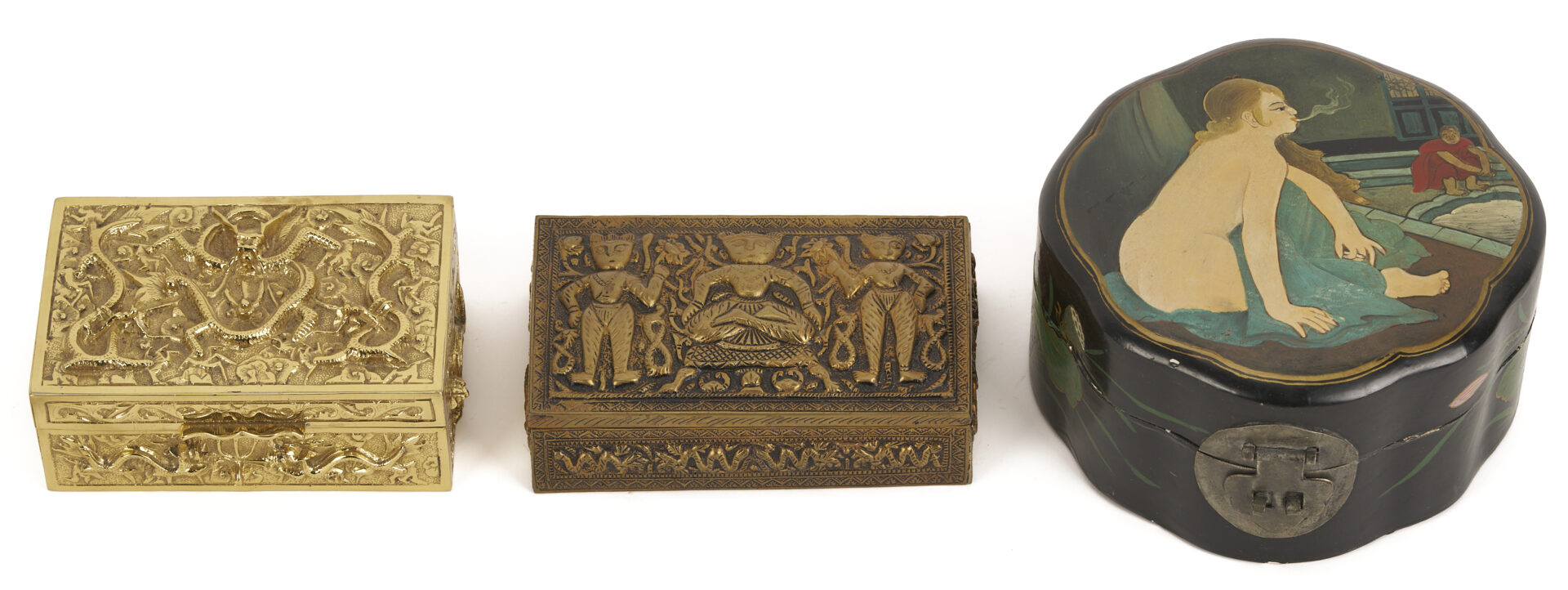 Lot 1249: 3 Asian Decorative Boxes: Lacquer & Bronze