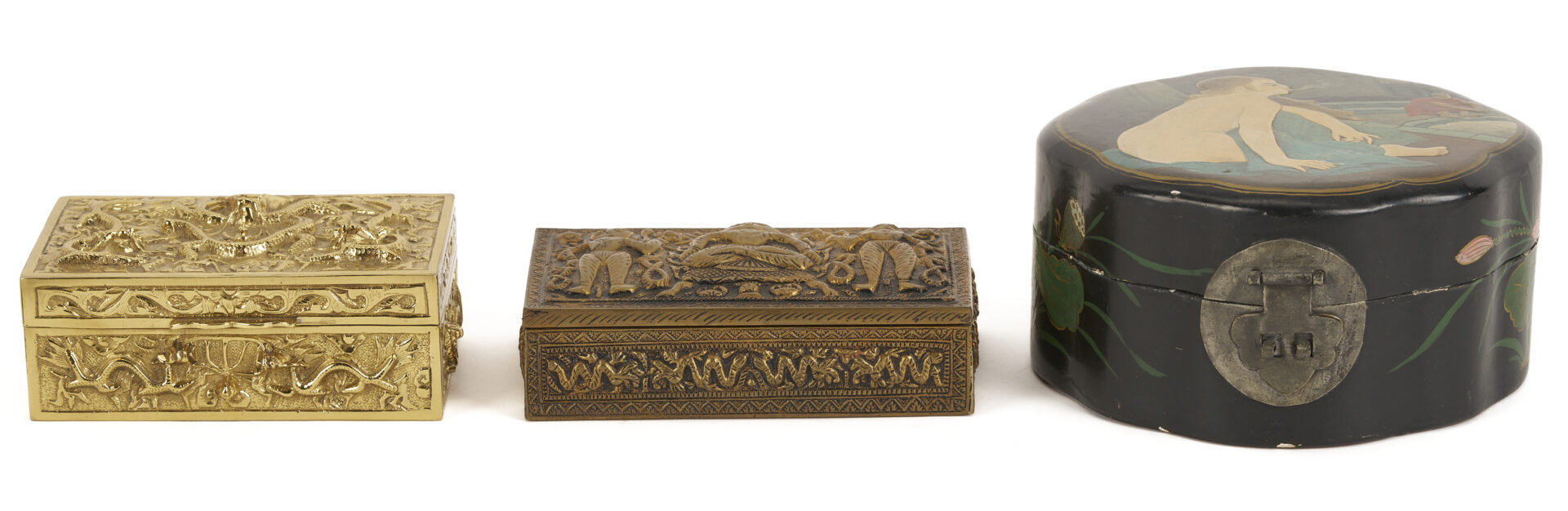 Lot 1249: 3 Asian Decorative Boxes: Lacquer & Bronze