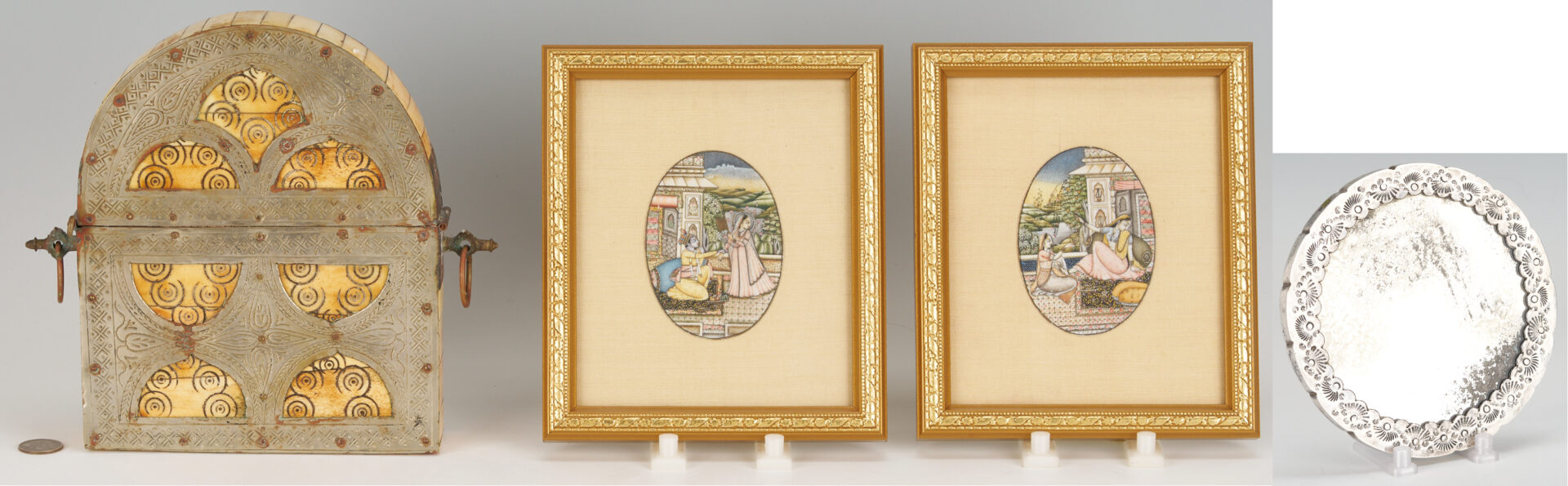 Lot 1250: Middle Eastern Silver Mirror, Box, and 2 Miniature Paintings