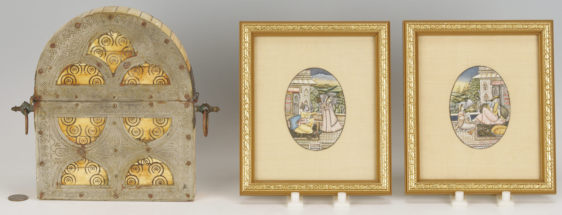Lot 1250: Middle Eastern Silver Mirror, Box, and 2 Miniature Paintings