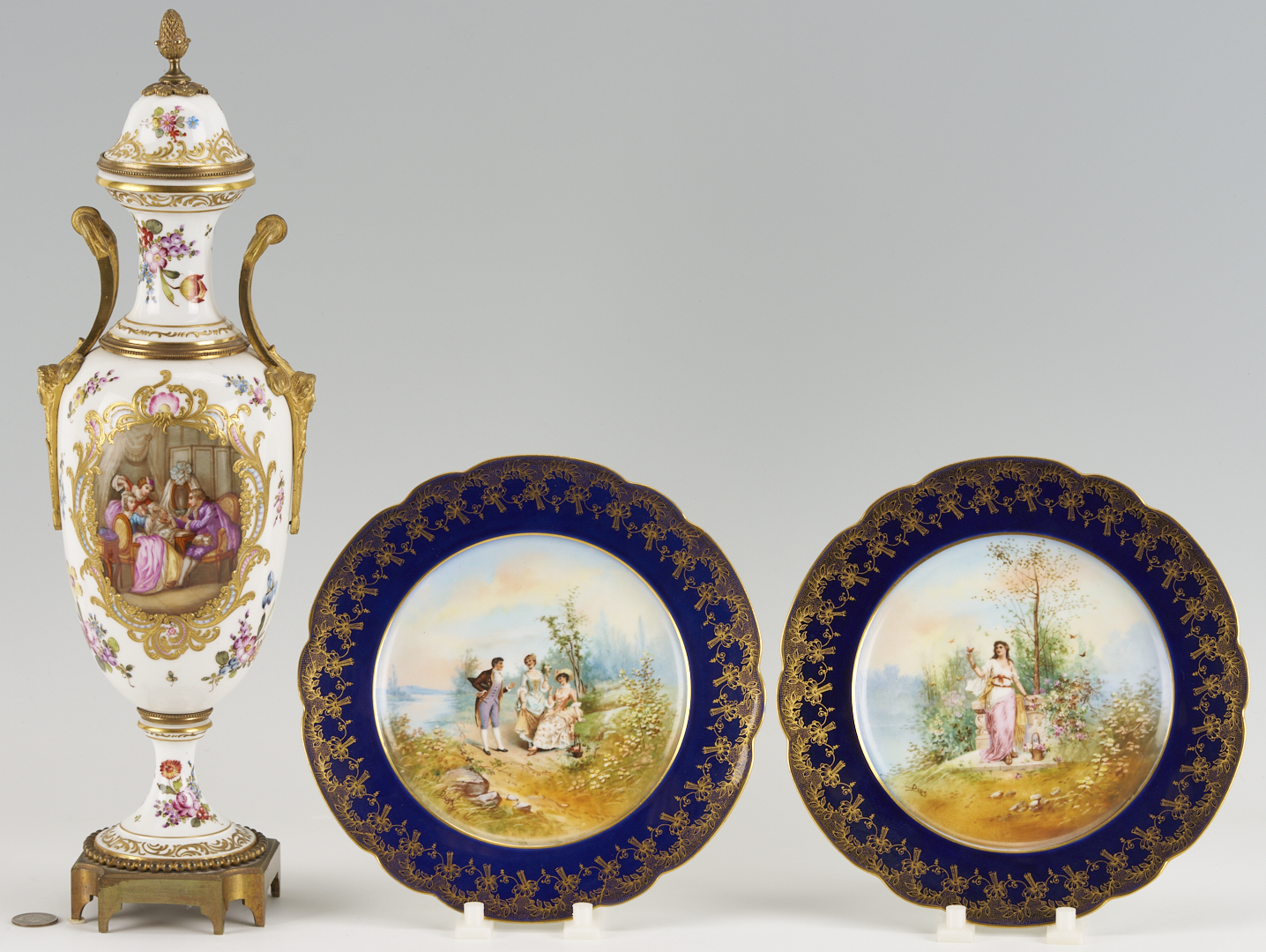 Lot 1251: Sevres Style Ormolou Vase & Pr. of Limoges Plates