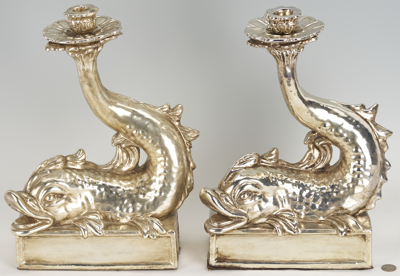 Lot 1253: Pr. Italian Silver Metal & Terracotta Dolphin Candle Holders