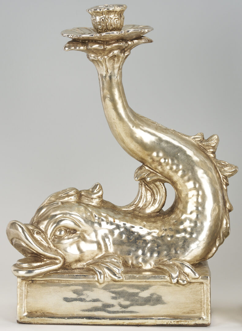 Lot 1253: Pr. Italian Silver Metal & Terracotta Dolphin Candle Holders