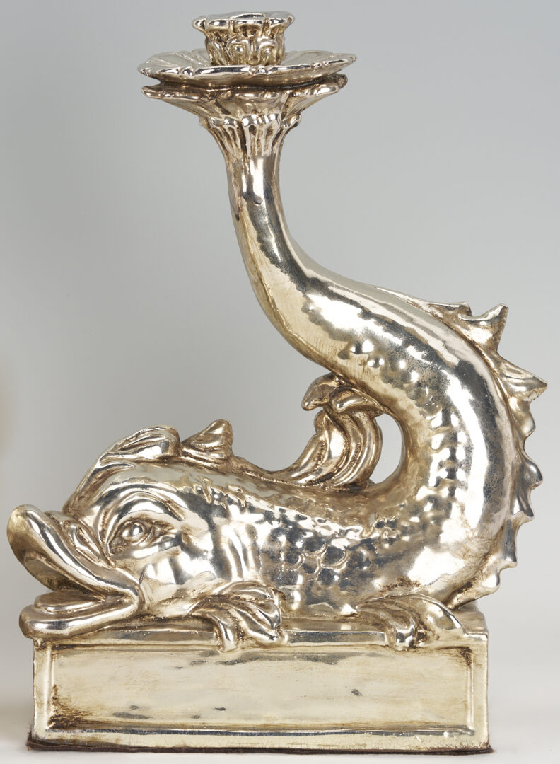 Lot 1253: Pr. Italian Silver Metal & Terracotta Dolphin Candle Holders