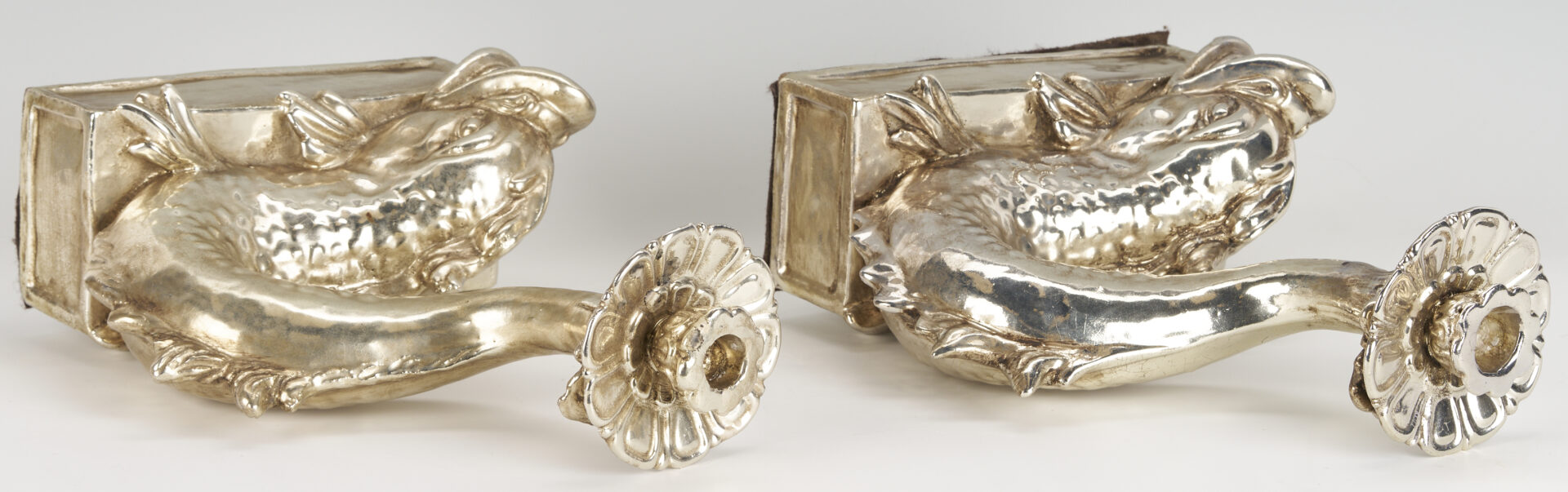 Lot 1253: Pr. Italian Silver Metal & Terracotta Dolphin Candle Holders