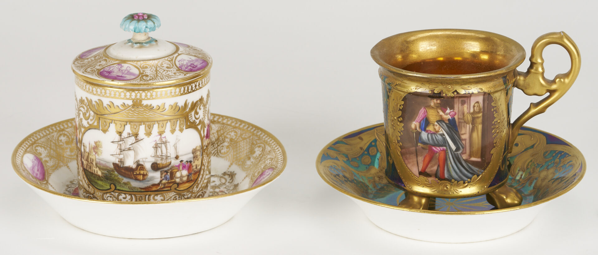 Lot 1254: Royal Vienna Porcelain Cup & Saucer w/ Meissen Custard Cup & Saucer