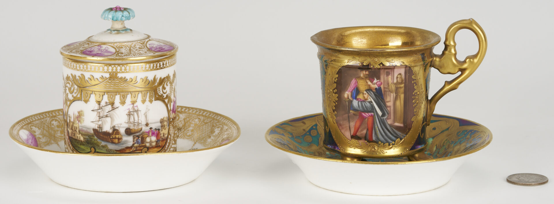 Lot 1254: Royal Vienna Porcelain Cup & Saucer w/ Meissen Custard Cup & Saucer