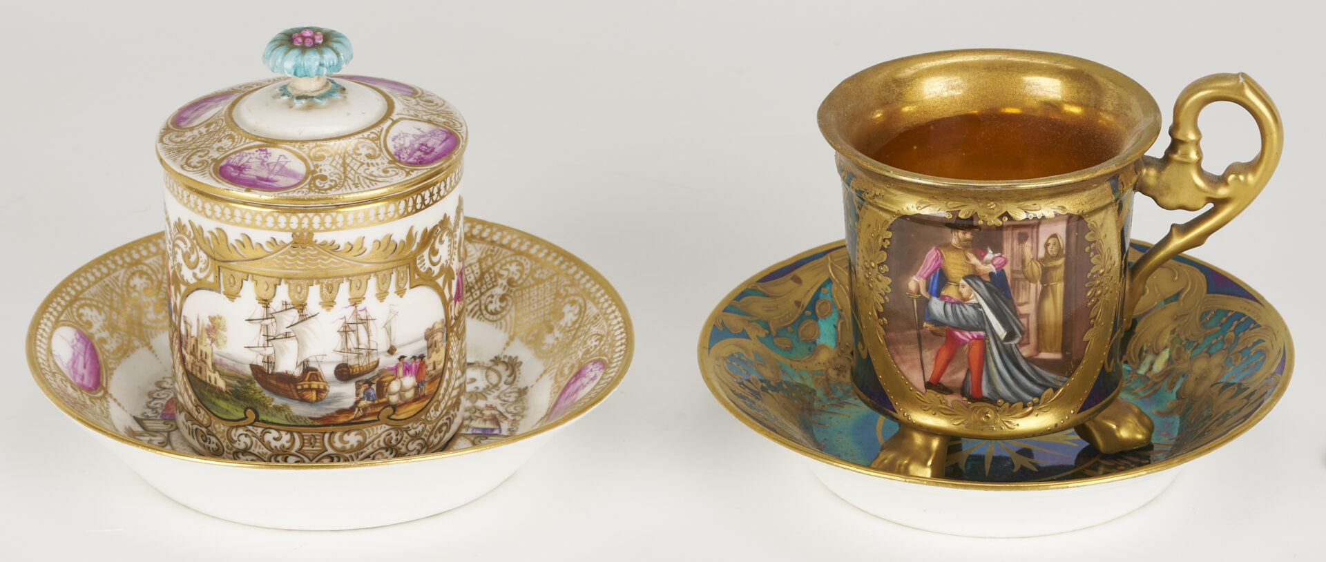 Lot 1254: Royal Vienna Porcelain Cup & Saucer w/ Meissen Custard Cup & Saucer