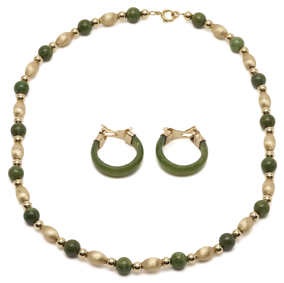 Lot 1269: Vintage 14K Gold and Jade Bead Necklace; plus 12K Gold and Hoop Earrings