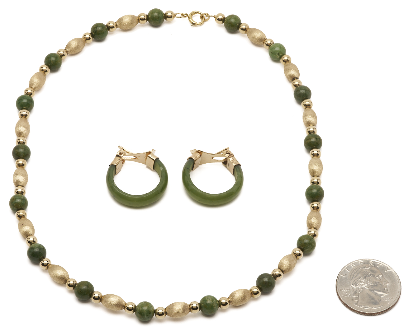 Lot 1269: Vintage 14K Gold and Jade Bead Necklace; plus 12K Gold and Hoop Earrings