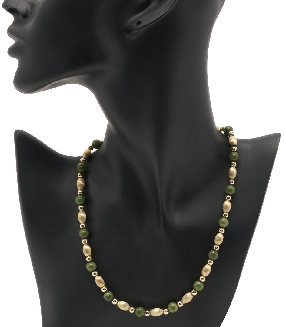 Lot 1269: Vintage 14K Gold and Jade Bead Necklace; plus 12K Gold and Hoop Earrings