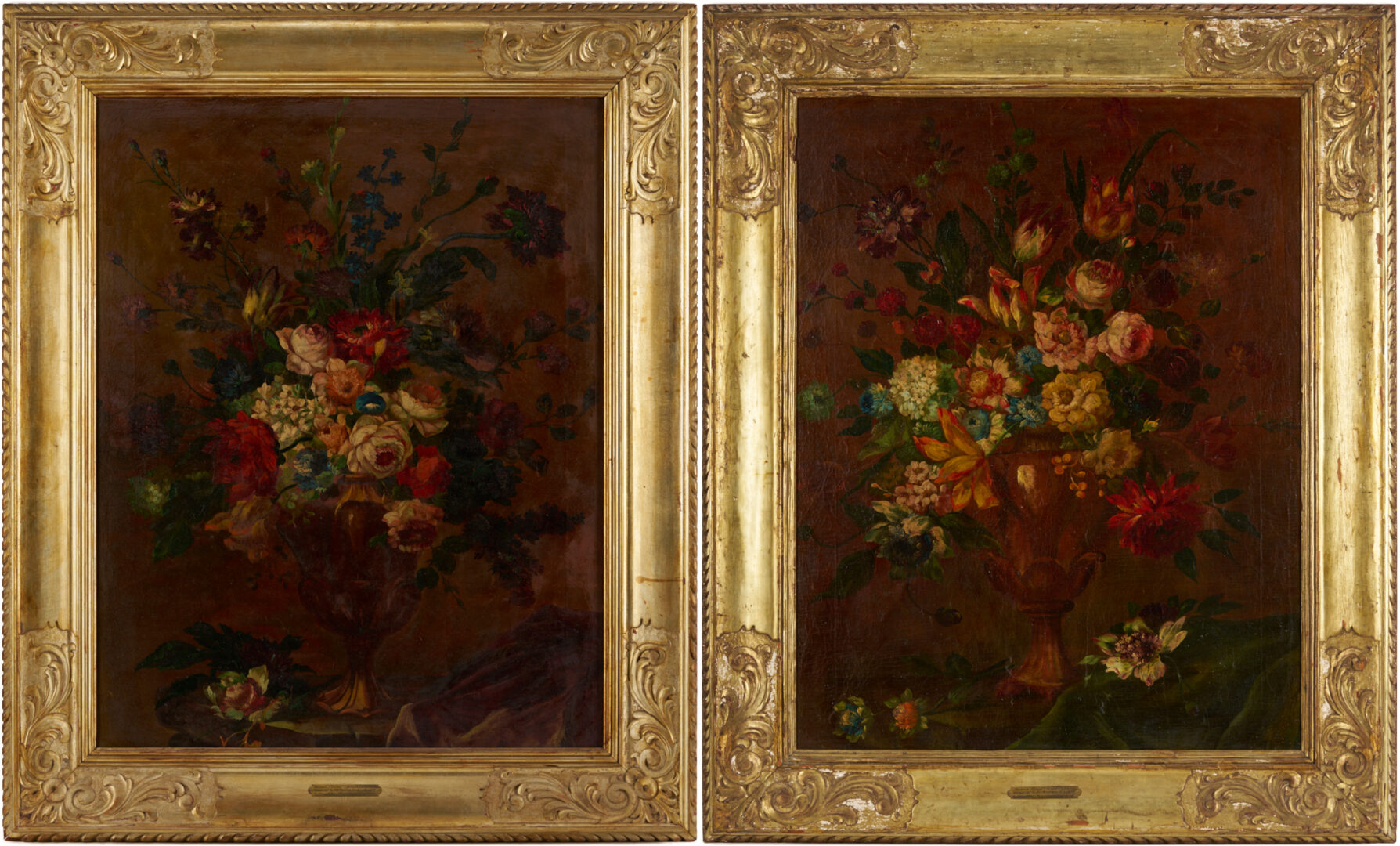 Lot 126: 2 Continental School O/C Floral Still Life Paintings, Early Carrig-Rohane Frame