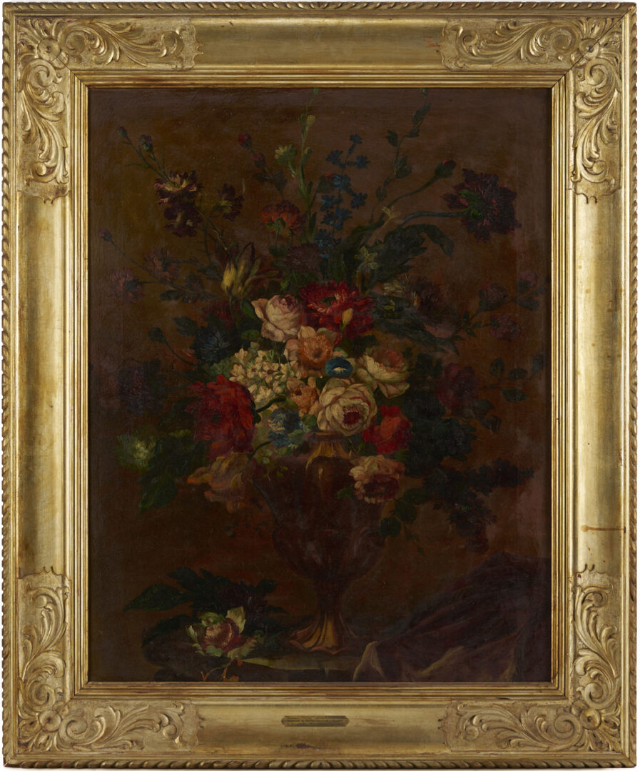 Lot 126: 2 Continental School O/C Floral Still Life Paintings, Early Carrig-Rohane Frame