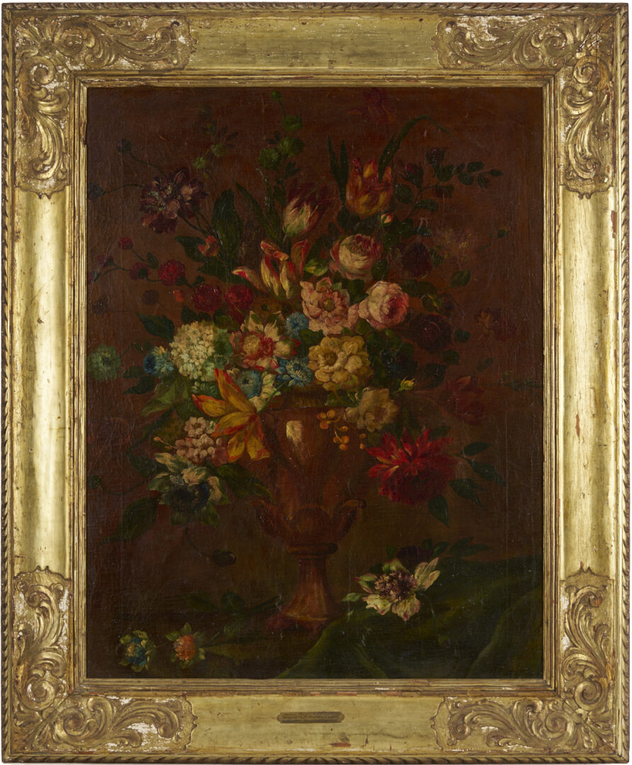 Lot 126: 2 Continental School O/C Floral Still Life Paintings, Early Carrig-Rohane Frame