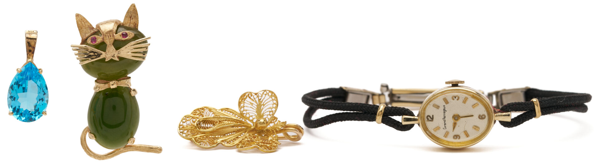 Lot 1272: 4 Gold Jewelry Pcs. incl. 18k Insect Brooch; Girard Perregaux Watch;  Jade Cat; Blue Topaz