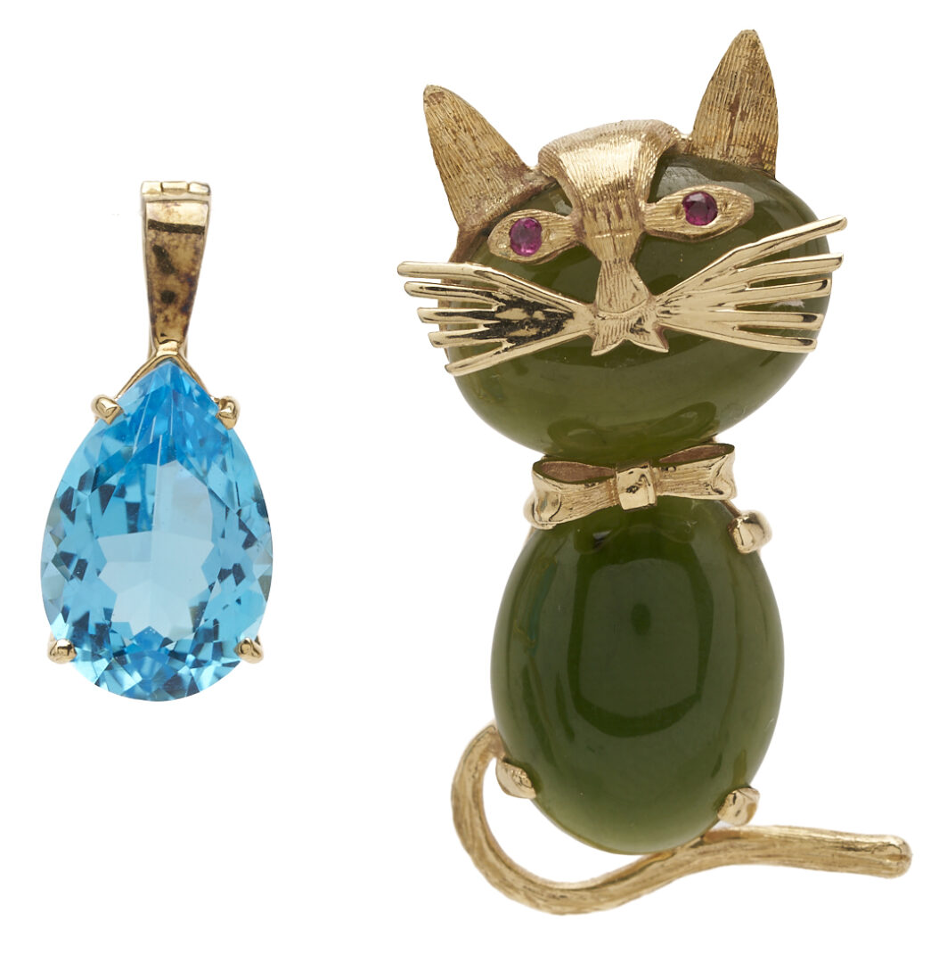Lot 1272: 4 Gold Jewelry Pcs. incl. 18k Insect Brooch; Girard Perregaux Watch;  Jade Cat; Blue Topaz
