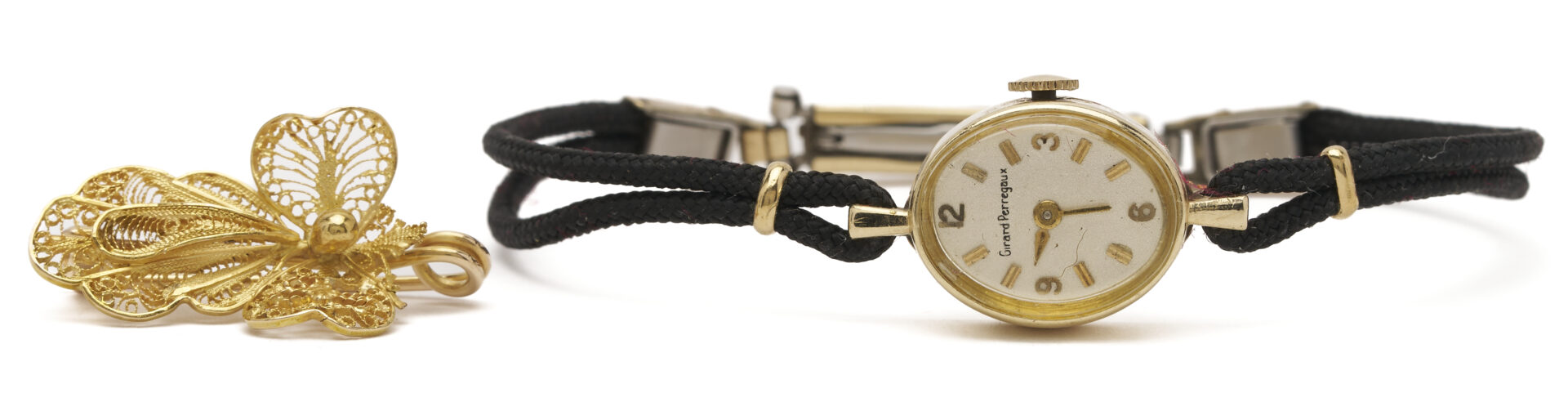 Lot 1272: 4 Gold Jewelry Pcs. incl. 18k Insect Brooch; Girard Perregaux Watch;  Jade Cat; Blue Topaz