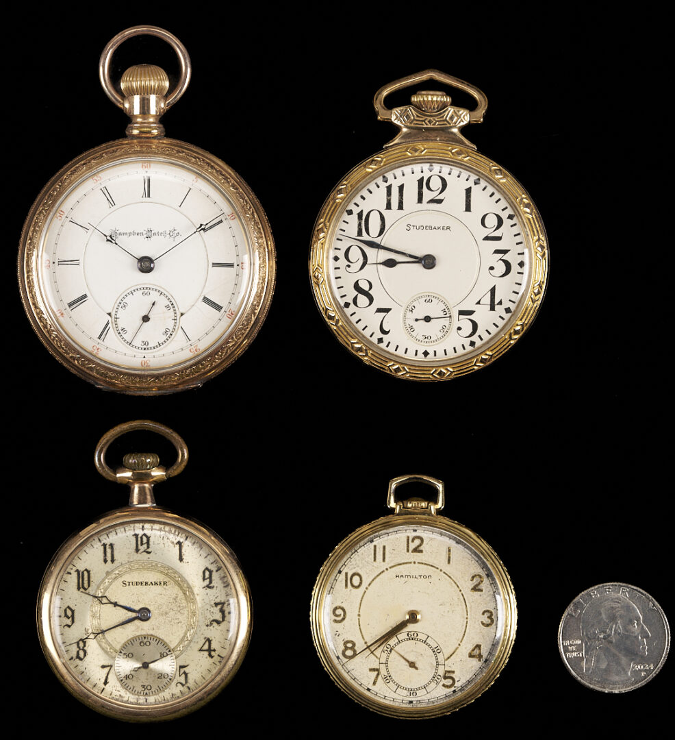 Lot 1274: 4 Pocket Watches – 2 Studebaker, 1 Hampden, 1 Hamilton