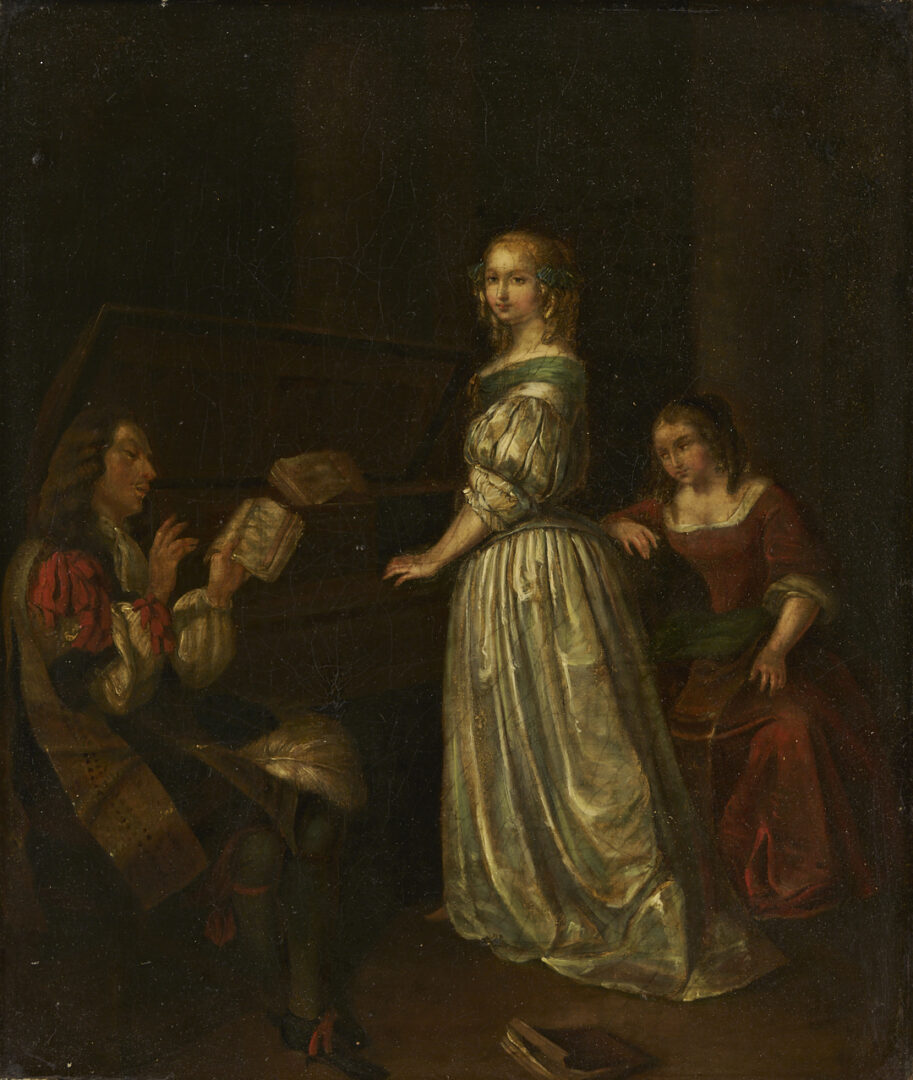 Lot 127: After Caspar Netscher O/C Baroque Genre Painting, A Duet