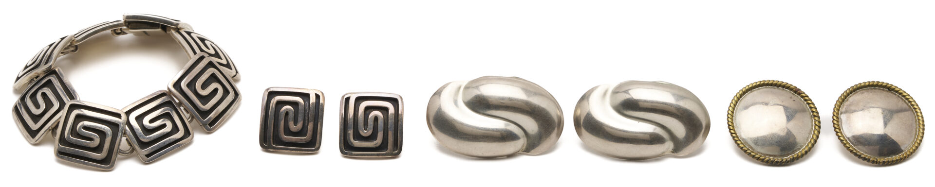 Lot 1281: Three Pairs Earrings and Bracelet Incl. Taxco Sterling Silver