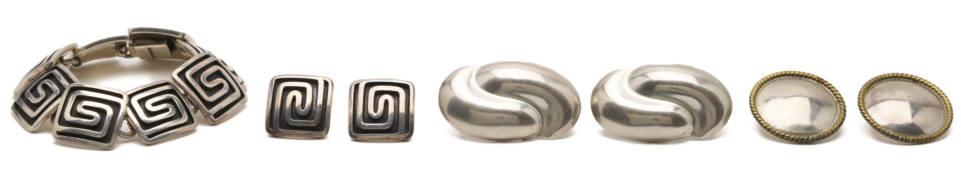 Lot 1281: Three Pairs Earrings and Bracelet Incl. Taxco Sterling Silver