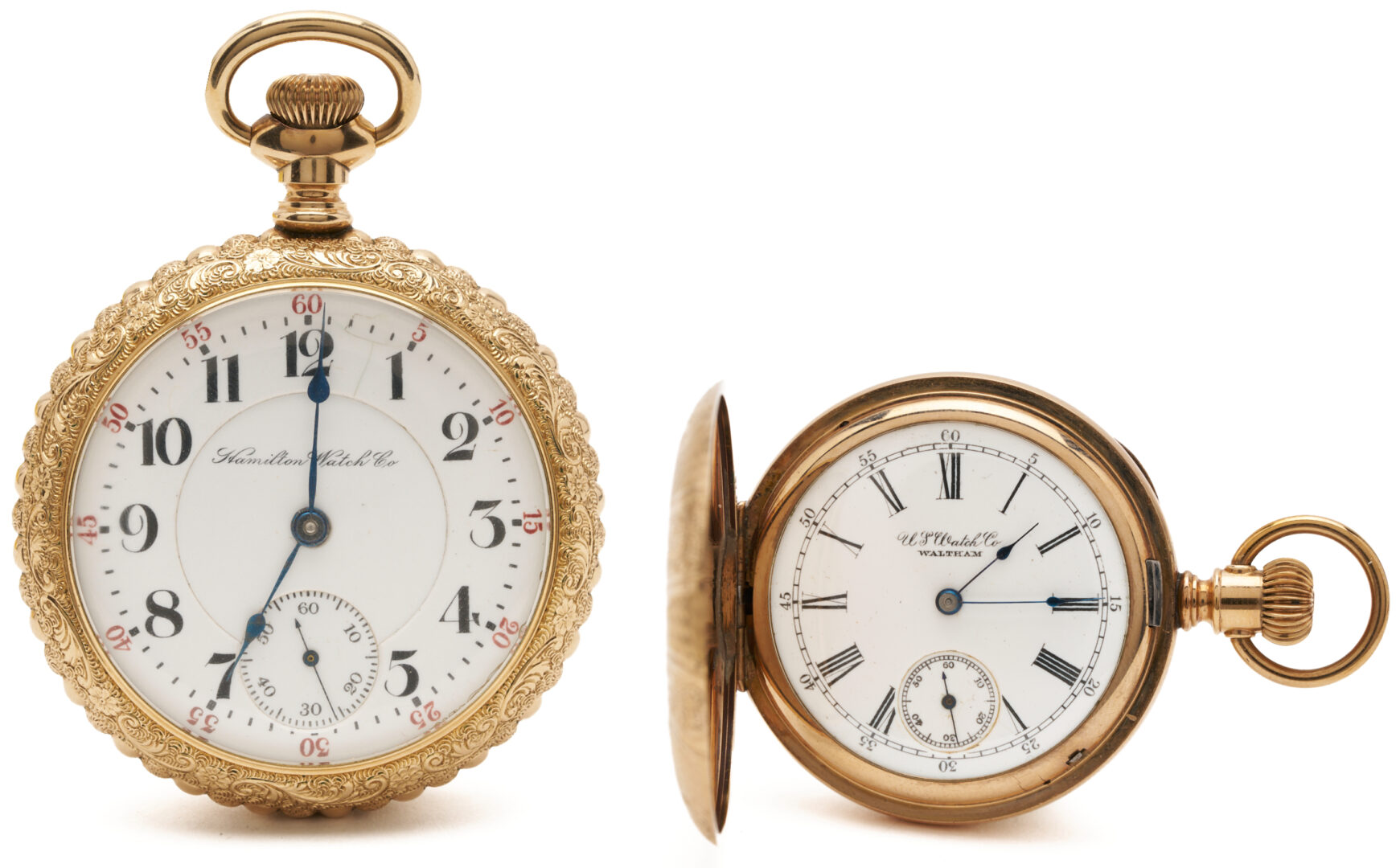 Lot 1286: Gold-Filled Hamilton Grade 940 Pocket Watch, Horse Engraving, & Waltham 1889 Pocket Watch